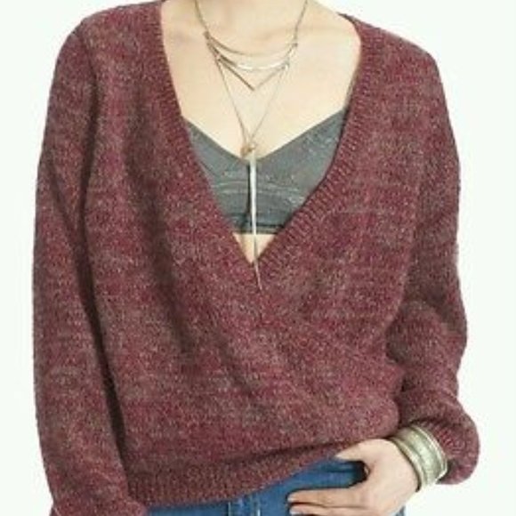 FREE PEOPLE Karina Alpaca Wool Blend Crossover Wrap Cozy Maroon Slouchy Sweater - Picture 2 of 4